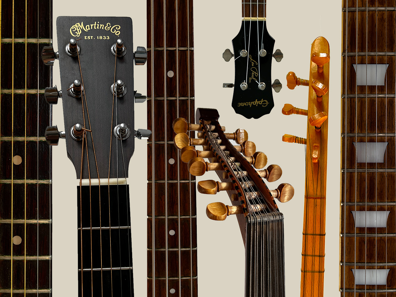 De snaarinstrumenten van Ralph (enkele gitaren, een basgitaar, een ud, een saz en een ukelele).